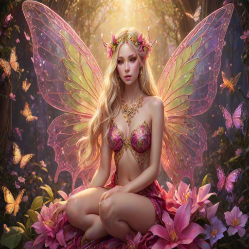 A digital artwork features a winged fairy with delicate Electric butterfly wings, adorned with intricate Chartreuse andLilac patterns. She is seated on a vibrant Pink flower, wearing a revealing red two-piece outfit with sparkling beadwork. Her fair skin, long blonde hair, and gold jewelry add to her ethereal appearance. The background is a warm, golden gradient, creating a magical atmosphere. Small glowing orbs and sparkles surround the flower, enhancing the enchanting, highly detailed, and realistic scene.