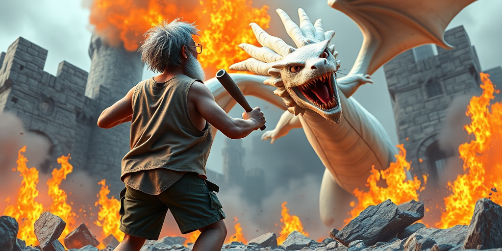 Cartoon 3D High-Resolution,dynamic battle scene using Unreal Engine 5 and Octane Render. The scene features back of an elderly, thai man with a beard,messy hair and round golden-rimmed glasses. He is wearing a tattered tank top with soot marks, shorts, and sandals. sweating. he wields a baseball bat. He jump to fight with a white fire-breathing Europe dragon amidst a partially destroyed stone castle. Include intense flames, smoke, and debris to enhance the dramatic effect.