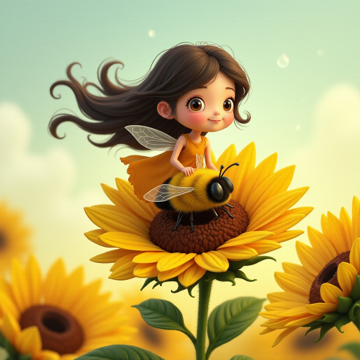 a whimsical cute girl with big eyes, big hair and flowing dress, riding astride a bumble bee, and flying across the top of the sunflower, which are just waking up, and catching dew drop of rain