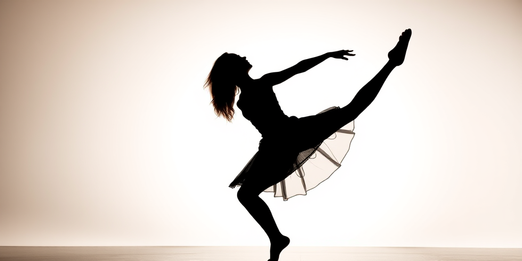 Create a high-resolution image of a silhouette of a dancer in a dramatic pose against a bright gradient background, using a DSLR camera, 50mm lens, f/1.8 aperture, ISO 100, and a low angle view for added depth.