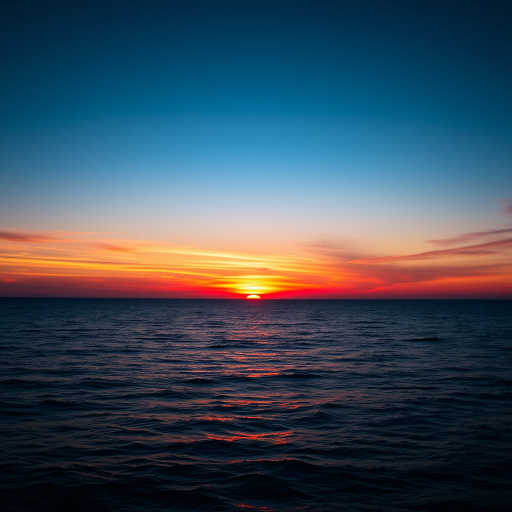 Create a high-resolution image of a serene sunset over a calm ocean with vibrant colors reflecting on the water using a DSLR camera, settings: f/11, 1/125s, ISO 100, focal length 24mm, wide-angle view, shot in landscape orientation.