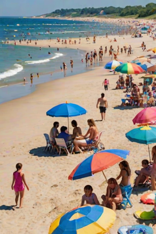 Lively beach scene during summer, with families enjoying the sun, children building sandcastles, and colorful umbrellas dotting the sandy shore, capturing the essence of a perfect day.