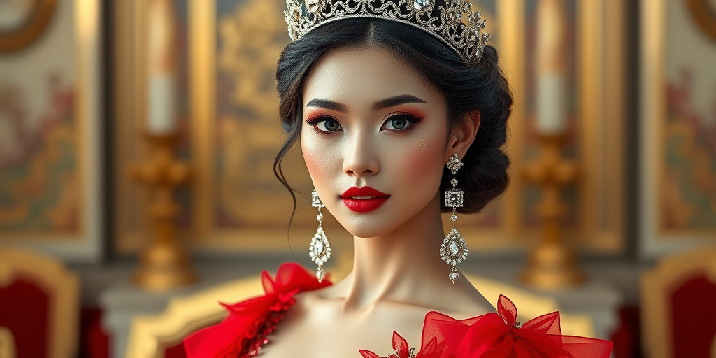 A gorgeous Vietnamese woman in a luxurious red gown, accessorized with a dazzling tiara and statement earrings, her deep cyan eyes highlighted by impeccable makeup, poised in a royal setting, photorealistic, 8K quality