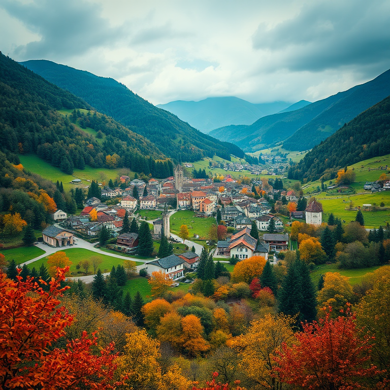Generate a high-resolution image of a picturesque village nestled in a lush green valley surrounded by hills, with vibrant autumn foliage in the foreground, using a DSLR camera with a 24mm lens, aperture f/8, ISO 100, and a slight vignette effect for enhanced depth.