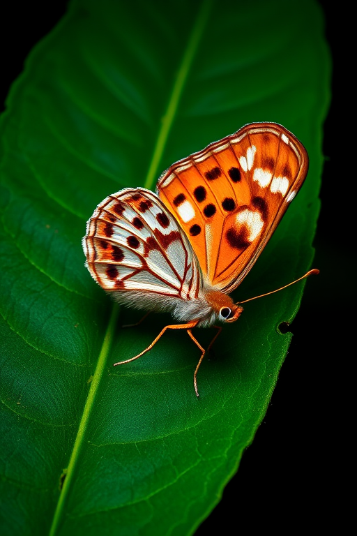 Generate an image of a butterfly perched on a green leaf with intricate patterns on its wings. The butterfly should have orange, white, and brown markings, and the background should be dark to highlight the details of the butterfly and the texture of the leaf. Ensure the focus is sharp on the butterfly, capturing its delicate features and vibrant colors.