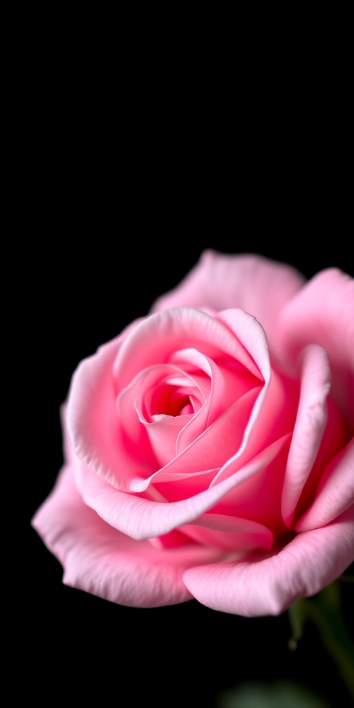 A close-up shot of a pink rose on a black background, taken with a Canon EOS 5D Mark IV camera, 50mm lens, f/1.8 aperture, ISO 100, soft natural lighting, focus on petals' details, shallow depth of field for a blurred background.
