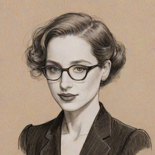 Delightful Zoe Lister-Jones, pencil sketch, portrait of Elegant woman 1933s in glasses, hair style beatnik, outline, clear lines, fine lines, 8k