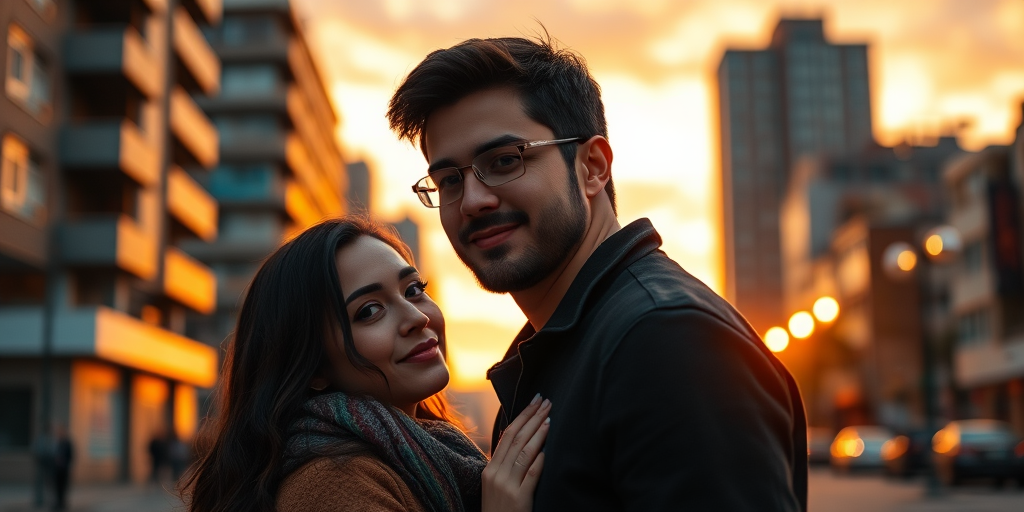 Generate a high-resolution portrait of a couple in an urban sunset scene, camera settings: aperture f/2.8, ISO 100, shutter speed 1/200, camera view: close-up, camera style: cinematic, camera type: DSLR.