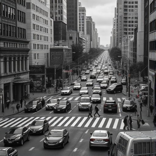 Create a black and white cityscape image of a busy street intersection filled with cars and pedestrians, capturing a moment of urgency during rush hour, using a DSLR camera with a 50mm lens, aperture set to f/2.8, ISO 200, shutter speed 1/500s, taken from a slightly elevated viewpoint for depth and clarity.
