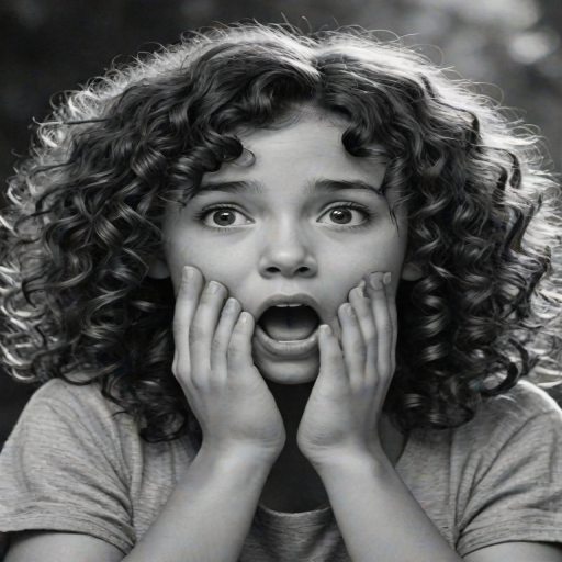 The image is a black and white illustration of a young girl with curly hair. She has a surprised expression on her face with her mouth open and her hands clasped together in front of her chest. Her eyes are wide and her eyebrows are furrowed. Her hair is styled in loose curls that are cascading down her back. The overall mood of the image is one of shock or surprise.
