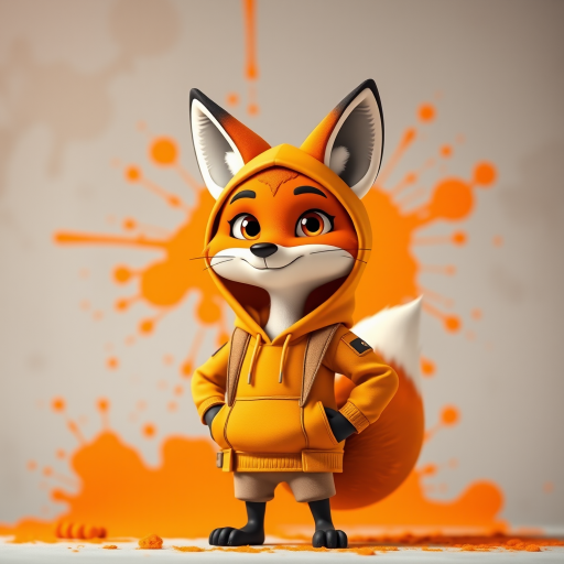 Create a full-body portrait of a cartoon fox character wearing an orange hoodie and a jacket, standing confidently with a slight smirk, set against a vibrant splash of orange paint in the background, captured with a Canon EOS R5, 50mm lens, f/1.8 aperture, ISO 100, and in natural light to enhance color vibrancy and detail.