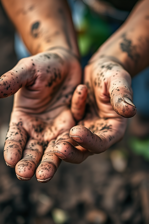 Photograph a close-up of two dirty hands with visible soil and texture, use a Canon EOS R5 with a 50mm f/1.2 lens, aperture set to f/2.8 for shallow depth of field, shot in natural light with the focus on the hands, capturing intricate details and contrasts in texture.