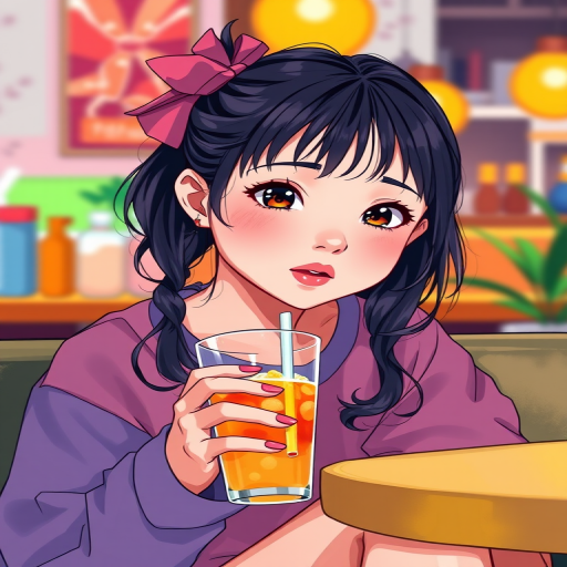 Create a high-resolution digital illustration of a young girl sitting with a drink in her hand, with a focus on vibrant colors and detailed facial expressions, using a Canon EOS R5 camera set to ISO 100, f/2.8 aperture, 50mm lens, natural lighting, and a portrait orientation for depth of field.