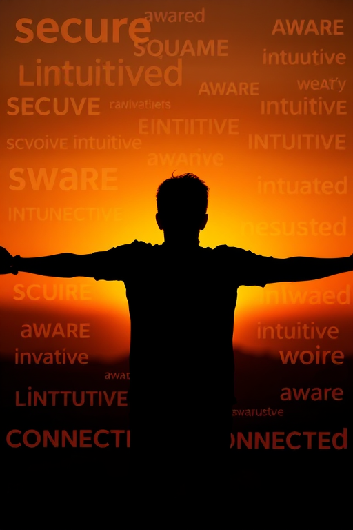 silhouette of a person with arms outstretched against a sunset background filled with words like secure, aware, intuitive, and connected, taken with a Canon EOS R5 using a 50mm f/1.2 lens at f/1.8, ISO 100, 1/200s, shot from a low angle to emphasize the sunset and words in the background.