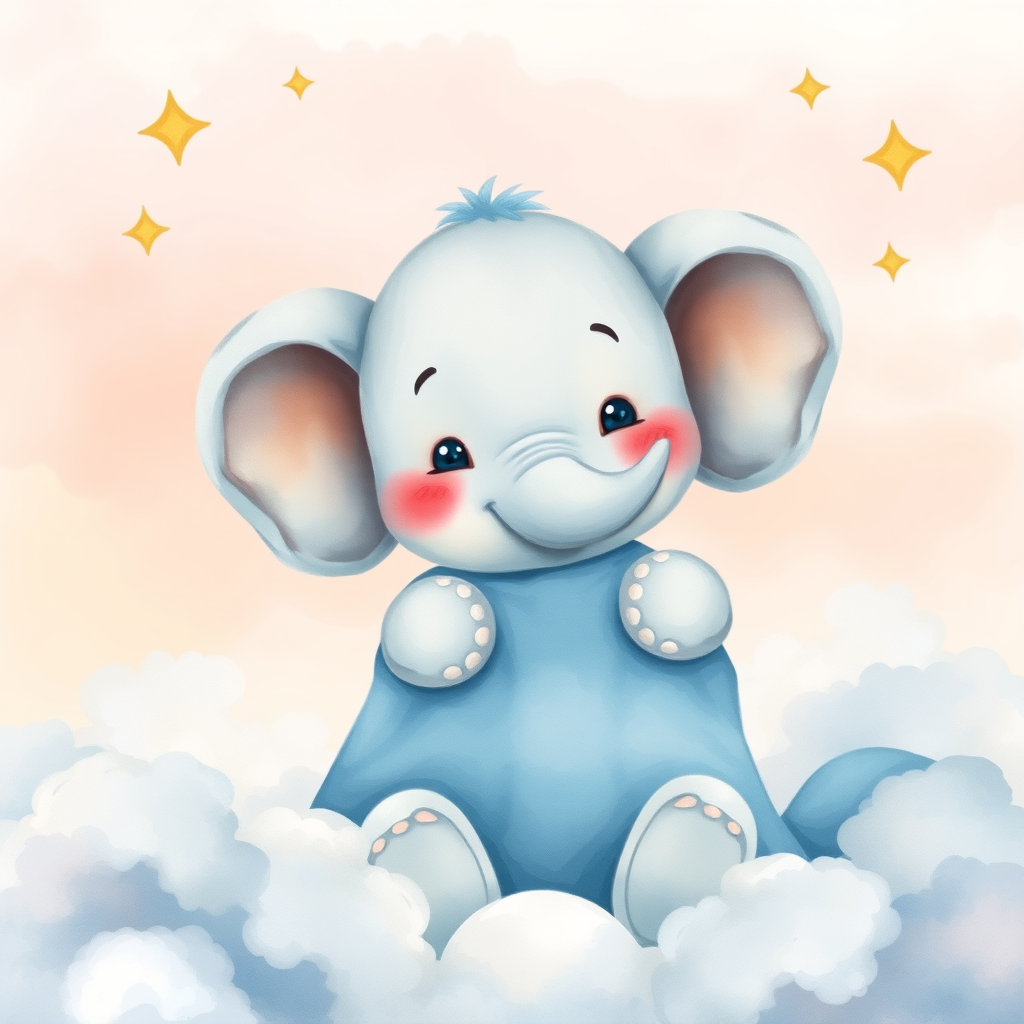 Cute watercolor illustration of a smiling elephant holding a blue blanket amidst fluffy clouds and stars in a soft pastel sky, 50mm lens, f/5.6 aperture, 1/125 sec shutter speed, soft focus background, digital art style.