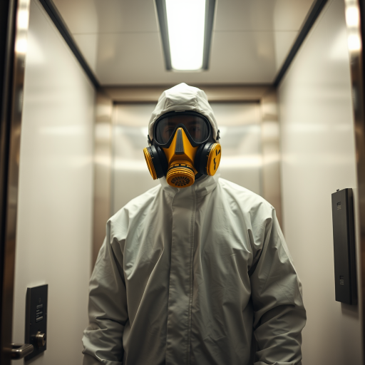 a person wearing a white hazmat suit and yellow gas mask standing in a brightly lit elevator, taken with a Canon EOS R5, 50mm lens, f/1.8 aperture, ISO 100, soft diffuse light, focus on the subject with a shallow depth of field, cinematic tone