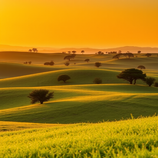 Landscape at golden hour with rolling hills, lush grass, and scattered trees, captured with a DSLR camera, 24mm lens, f/8 aperture, ISO 100, shutter speed 1/200s, wide-angle view, vibrant colors and enhanced clarity.