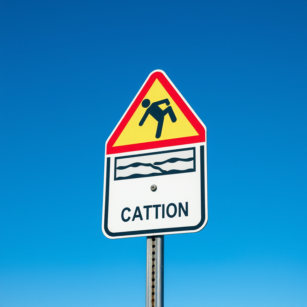 Create a high-resolution image of a caution sign depicting a person slipping, using a Canon EOS R5 camera with a 50mm f/1.2 lens, at a shutter speed of 1/250s, aperture of f/8, ISO 100, taken from a slightly low angle to emphasize the sign against a clear blue sky in bright daylight.