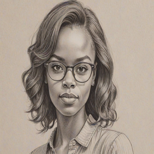 Stunning Ashleigh Murray, pencil sketch, portrait of Radiant woman 1968s in glasses, hair style beatnik, outline, clear lines, fine lines, 8k