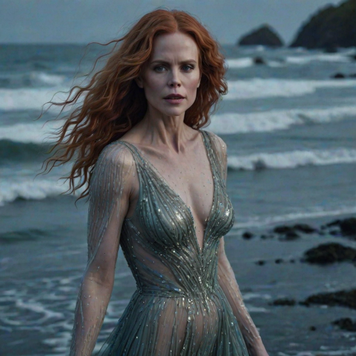 Bewitching image of Nicole Kidman, Big Little Lies star, with her porcelain skin and cascading red curls, emerging from misty waves in a sheer, iridescent gown, on a moonlit beach dotted with bioluminescent algae