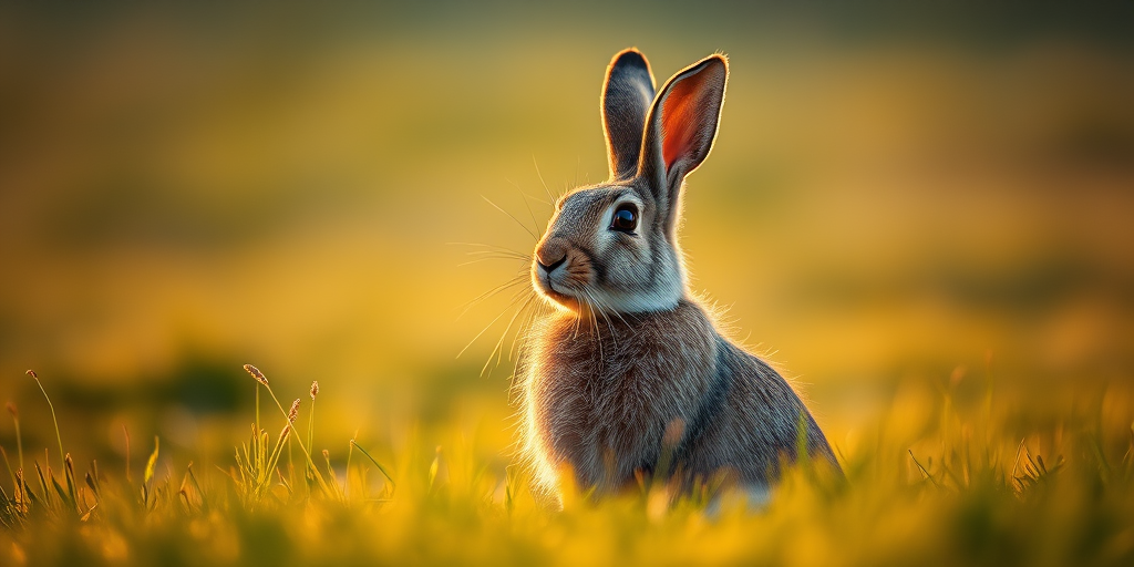 A close-up of a hare sitting in a grassy field during golden hour, focus on its detailed fur with soft bokeh background, aperture f/2.8, shutter speed 1/250 sec, ISO 200, taken with a DSLR camera using a 50mm lens.