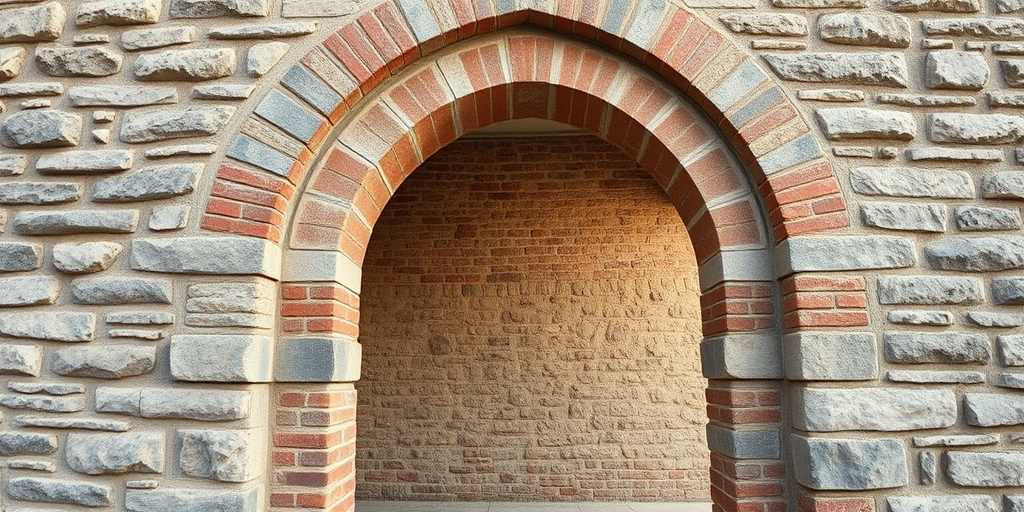 Regenerate an image of an arched doorway in a stone wall with textured bricks, wide-angle view, f/8 aperture, ISO 100, 1/200 sec shutter speed, taken with a DSLR camera for enhanced clarity and detail.
