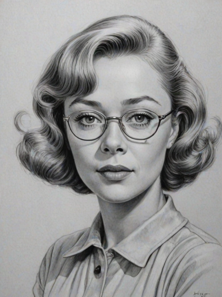 Captivating Glynis Johns, pencil sketch, portrait of Resplendent woman 1949s in glasses, hair style beatnik, outline, clear lines, fine lines, 8k