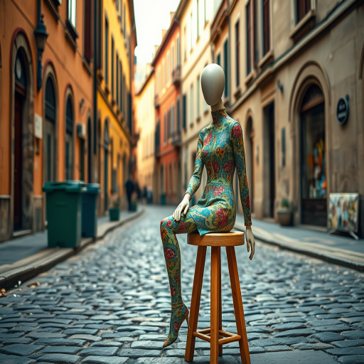 Create an artistic scene of a colorful mannequin sitting on a wooden stool in a cobblestone street with historical buildings, using a DSLR camera at f/8 aperture, ISO 200, 24mm lens, soft natural lighting, and a shallow depth of field to enhance image quality.