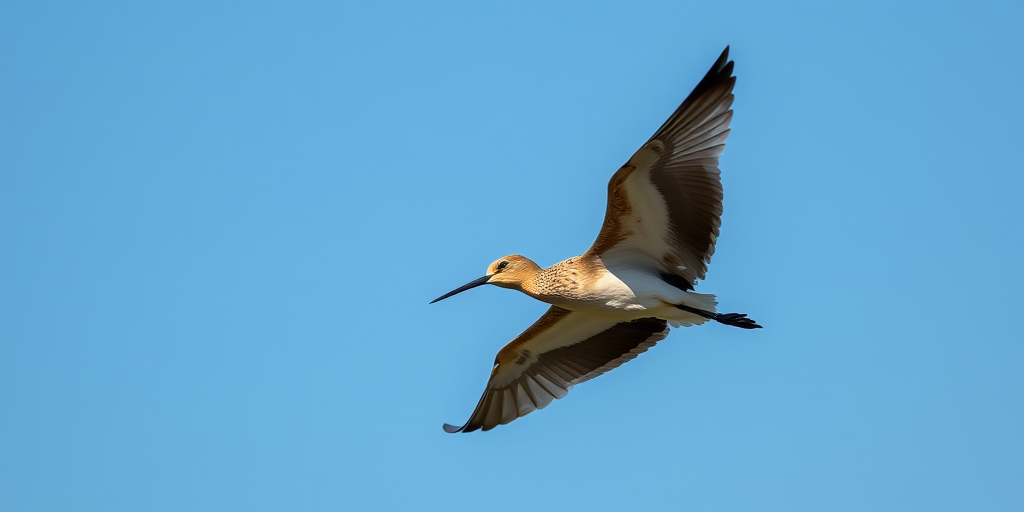 Capture a black-tailed godwit in mid-flight against a clear blue sky, using a DSLR camera with a 300mm lens, aperture set to f/5.6, shutter speed at 1/1000s, ISO 200, in a landscape orientation for sharp detail and vibrant colors.