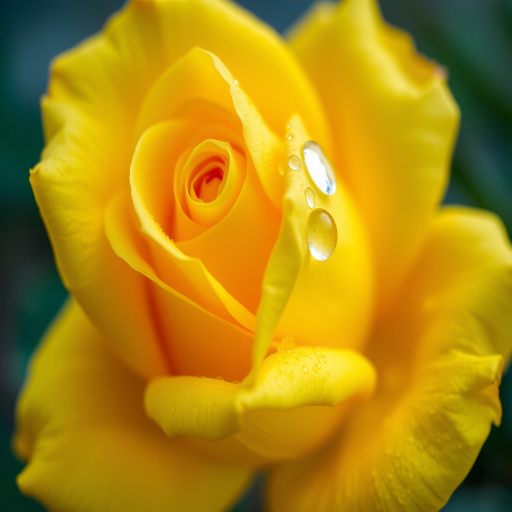 A close-up shot of a vibrant yellow rose with dew drops on its petals, using a 85mm lens, f/1.8 aperture, ISO 100, natural lighting, shot with a DSLR camera.