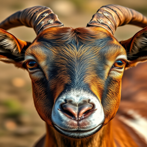 Create a high-resolution portrait of a goat's head with vivid colors and sharp details, using a DSLR camera with a 50mm lens, aperture set to f/1.8, ISO 100, and natural lighting to enhance the image quality.