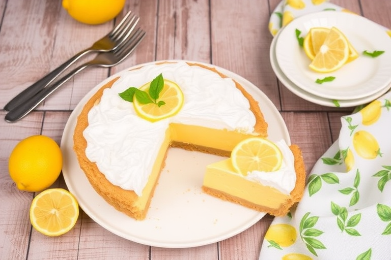 A delicious lemon cream pie with a smooth yellow filling and fluffy white topping is beautifully presented on a white plate. The pie is garnished with a slice of lemon and fresh green leaves. A piece of the pie has been cut, showcasing the layers. Nearby, there are two forks and a small plate with lemon slices, along with a decorative cloth featuring lemon and green leaf patterns. The background has a rustic wooden texture, enhancing the inviting appearance of the dessert.