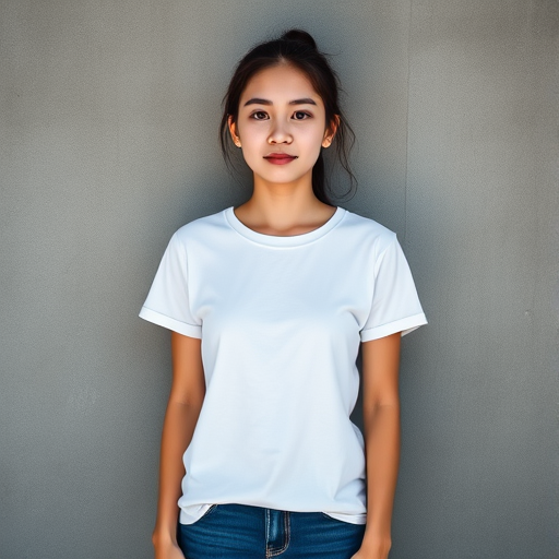 Portrait of a young woman wearing a plain white t-shirt, standing against a textured gray background, soft natural lighting, 50mm lens, f/1.8 aperture, ISO 100, shallow depth of field, mirrorless camera.