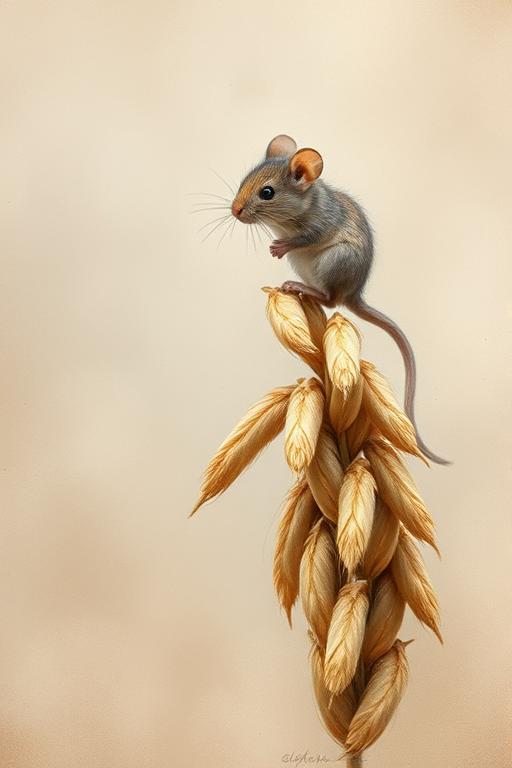 Soft, muted Alcohol Ink with ebru effect background image of tiny whimsical mousey, who climbed high on the top of a golden rye ear.