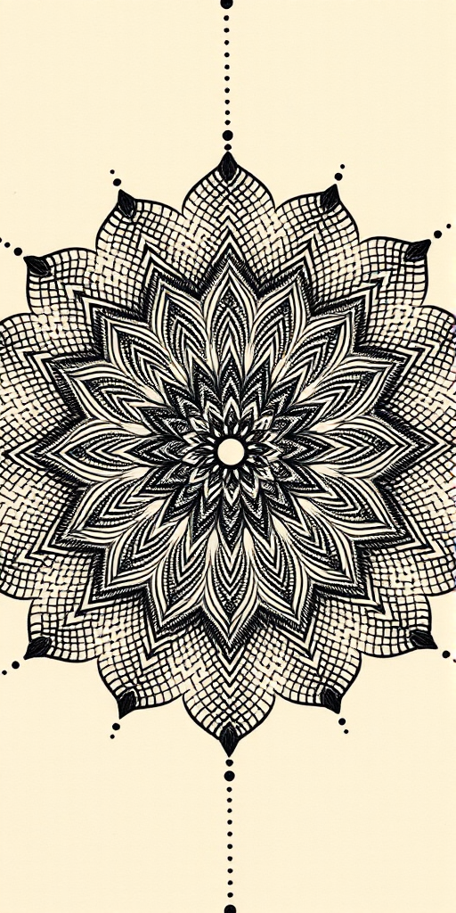 Dotwork mandala tattoo with intricate geometric patterns radiating from a central point, utilizing thousands of tiny dots to create gradients and intricate details for a mesmerizing optical illusion effect
