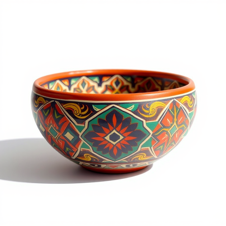 Create a high-resolution illustration of a decorative pottery bowl with intricate geometric patterns in vibrant colors, captured in daylight using a DSLR camera with a 50mm lens, f/3.5 aperture, ISO 100, and 1/100 shutter speed, side view for emphasis on design details.