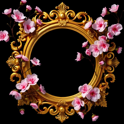 A vintage ornate golden frame adorned with pink cherry blossom flowers on a black background, high-resolution, f/2.8 aperture, 50mm lens, shot from an overhead view, using a DSLR camera.