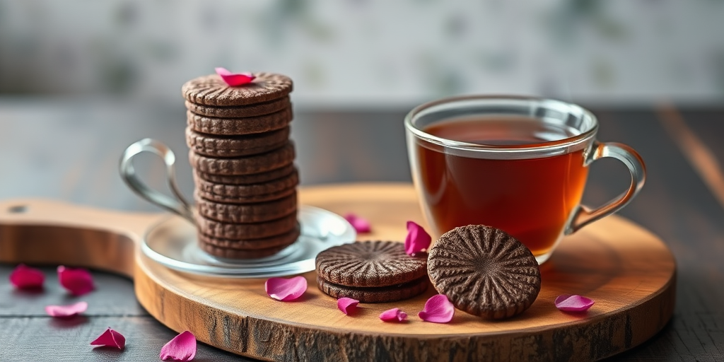 A still life image of stacked chocolate wafers on a wooden board with a cup of steaming tea beside it, sprinkled with rose petals, using a Canon EOS R5 camera, 50mm lens, f/1.8 aperture, ISO 100, shot from a 45-degree angle with soft natural lighting.