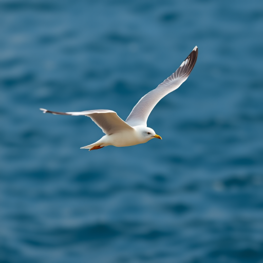 A seagull in flight against a blurred blue ocean background, captured with a Canon EOS 5D Mark IV, 100mm lens, f/2.8 aperture, ISO 100, shutter speed 1/2000 seconds, from a low angle to emphasize the wings.
