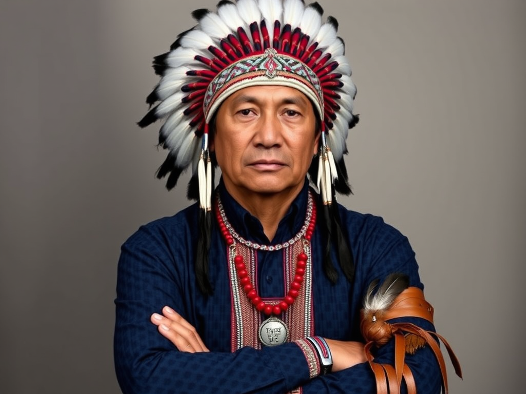 Create a dignified portrait of a Native American man dressed in traditional attire. He wears a beautifully crafted headdress adorned with white feathers and red beads, along with a beaded headband featuring intricate patterns. His clothing includes a deep blue, patterned shirt and a traditional chest piece with detailed beadwork. His arms are crossed, displaying leather armbands decorated with feathers. The background is simple and neutral, emphasizing his proud and stoic expression. The overall image captures the rich cultural heritage and strength of his persona.