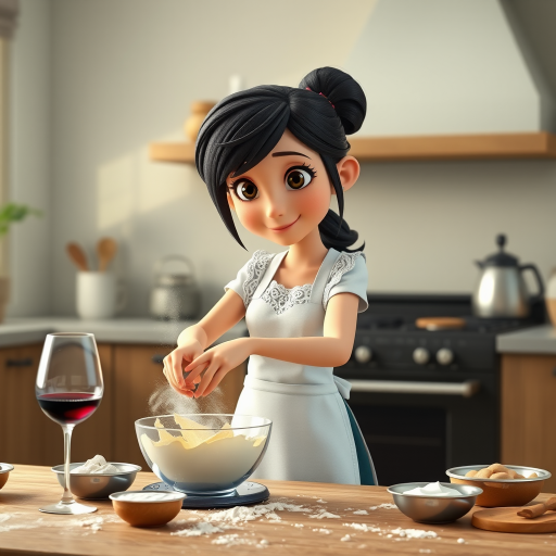 A Pixar-style CGI girl with black hair and black eyes wearing a white apron with lace stands in a kitchen and kneads cake batter. There is flour dust in the air, a glass of wine on the table and the cake ingredients are scattered around. 3D