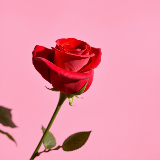 Create a high-resolution image of a red rose with a detailed outline on a soft pink background, captured with a Canon EOS R5, 50mm lens, f/2.8 aperture, ISO 100, bright natural lighting, and shot from a slightly elevated angle to emphasize the rose's features.