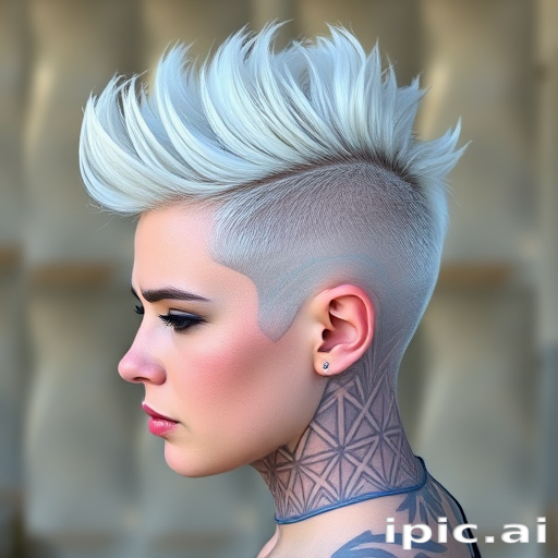 Striking platinum blonde undercut known as "Arctic Rebel" with intricate geometric patterns shaved into the sides, topped with a voluminous quiff and icy blue streaks