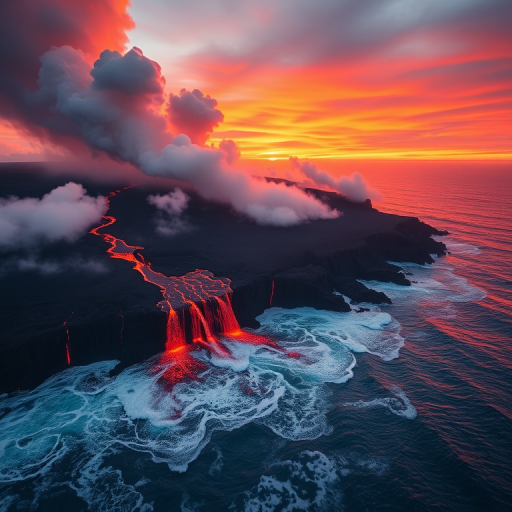 Create a high-resolution image of a volcanic eruption at sunset, capturing flowing lava streams entering the ocean, with dramatic smoke clouds and vibrant red and orange colors, using a DSLR camera with a 24mm lens, f/8 aperture, ISO 200, and a 1/250 shutter speed, taken from an aerial perspective for a breathtaking view.