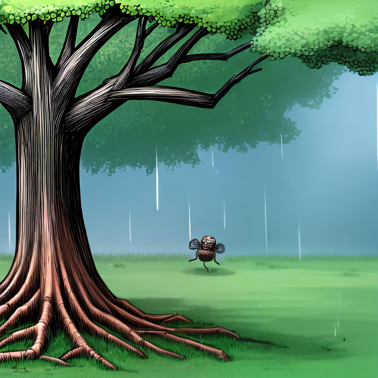 the spiders were washed away from the tree by the rain, cartoon style