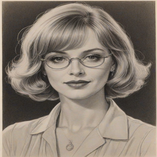 Enchanting Julia Duffy, pencil sketch, portrait of Enticing woman 1922s in glasses, hair style beatnik, outline, clear lines, fine lines, 8k