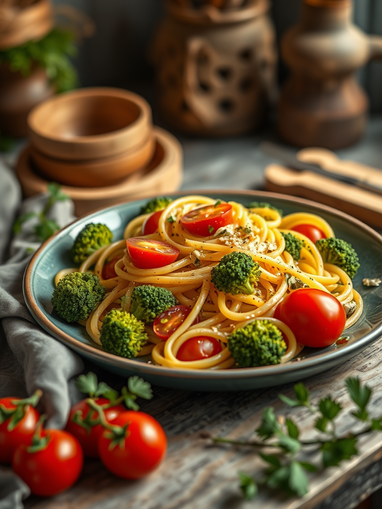 high-resolution image of a plate of fresh pasta with cherry tomatoes and broccoli, captured with a Canon EOS R5, 50mm lens, f/1.8 aperture, natural light, styled as a cozy kitchen scene with rustic elements, shallow depth of field for a soft background blur