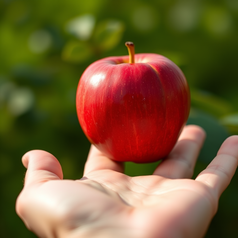A vibrant red apple resting on an outstretched human hand with a blurred green background, shot with a DSLR camera at f/2.8 for shallow depth of field, ISO 100, shutter speed 1/200s, in natural lighting for enhanced colors and details.