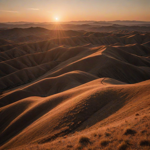 create a smooth gradient landscape at sunset with rounded hills and a large sun in warm earthy tones, shot with a Canon EOS R5 at f/8, 1/60s, ISO 200, wide-angle lens, top-down view, soft focus for a vintage aesthetic