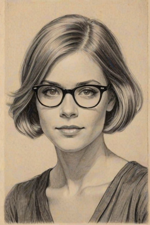 Comely Samantha Ponder, pencil sketch, portrait of Charming woman 1928s in glasses, hair style beatnik, outline, clear lines, fine lines, 8k